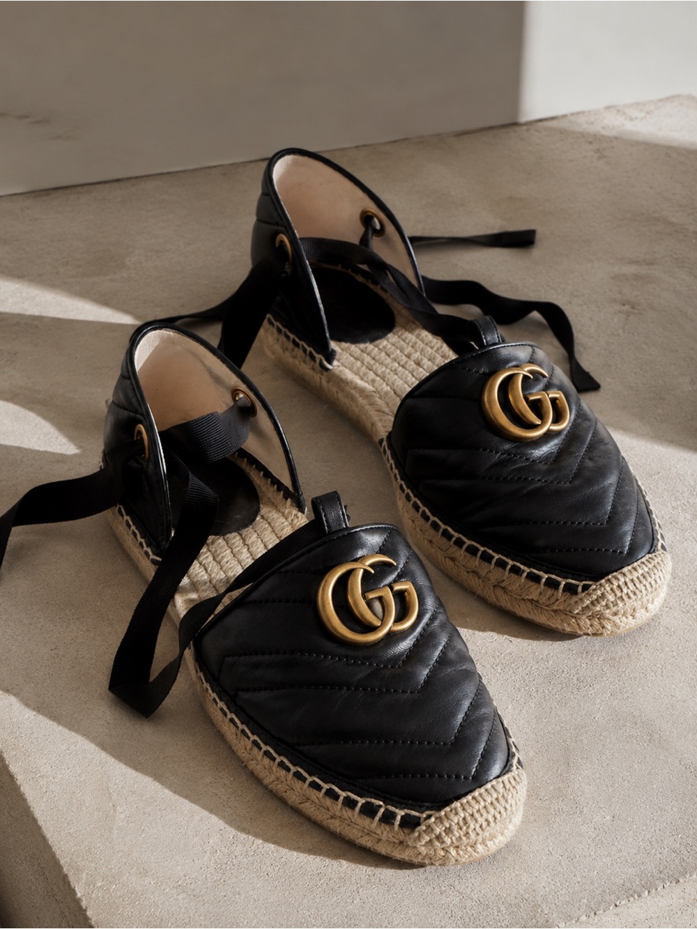 Gucci Marmont Lace-Up Espadrilles – Black Leather – Size EU 39
